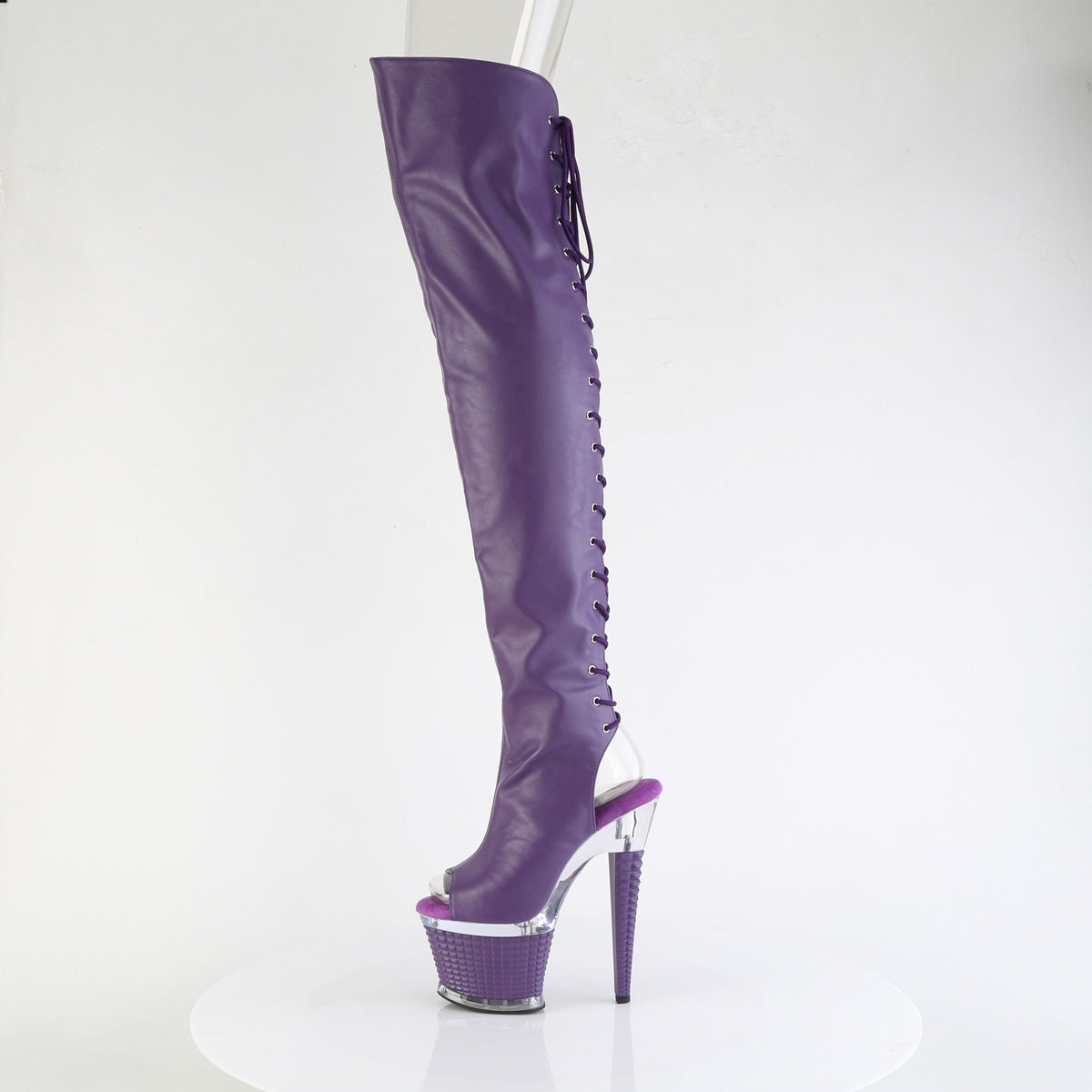 7" Heel, 3" Textured PF Lace-Up Back Thigh Boot, Side Zip (Pleaser SPEC3030/BPPU/C-BP)