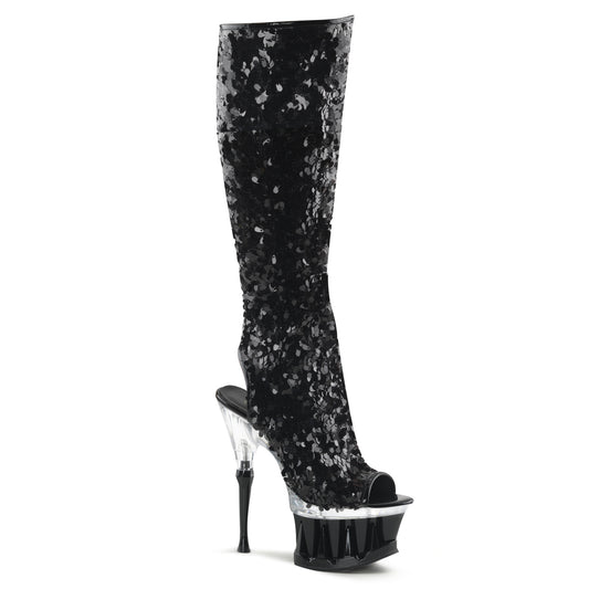 *6 1/2" Heel, 2 3/4" PF Open Toe/Back Sequins Knee Boot (Pleaser SP2019/BSQ/M)