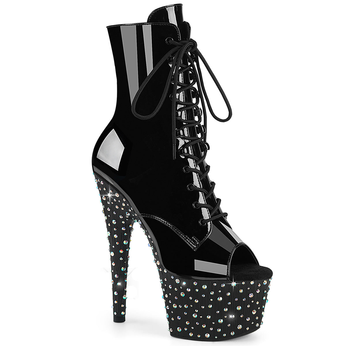7" Heel, 2 3/4" PF Peep Toe Lace-Up Ankle Boot, Side Zip (Pleaser STDANCE1021/B/M)