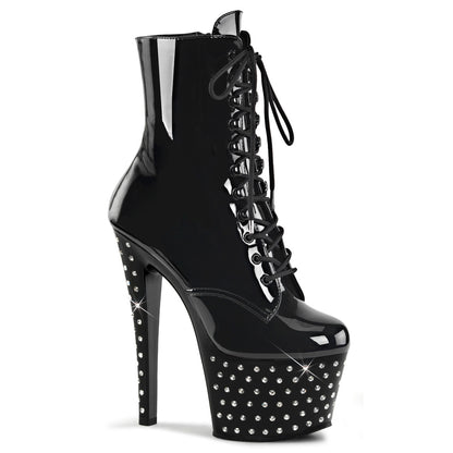 7" Heel, 2 3/4" RS Studded PF Lace-Up Ankle Boot, Side Zip (Pleaser STDUS1020-7/B/M)