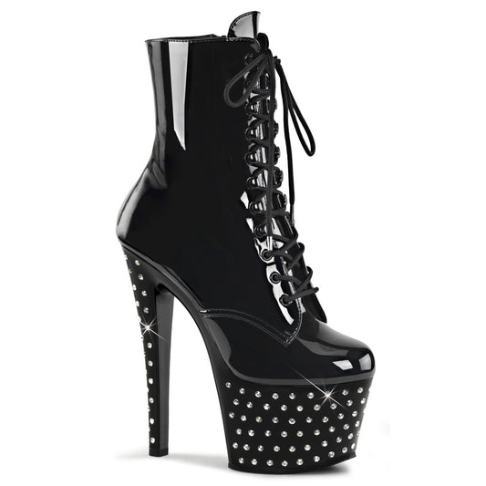 7" Heel, 2 3/4" RS Studded PF Lace-Up Ankle Boot, Side Zip (Pleaser STDUS1020-7/B/M)