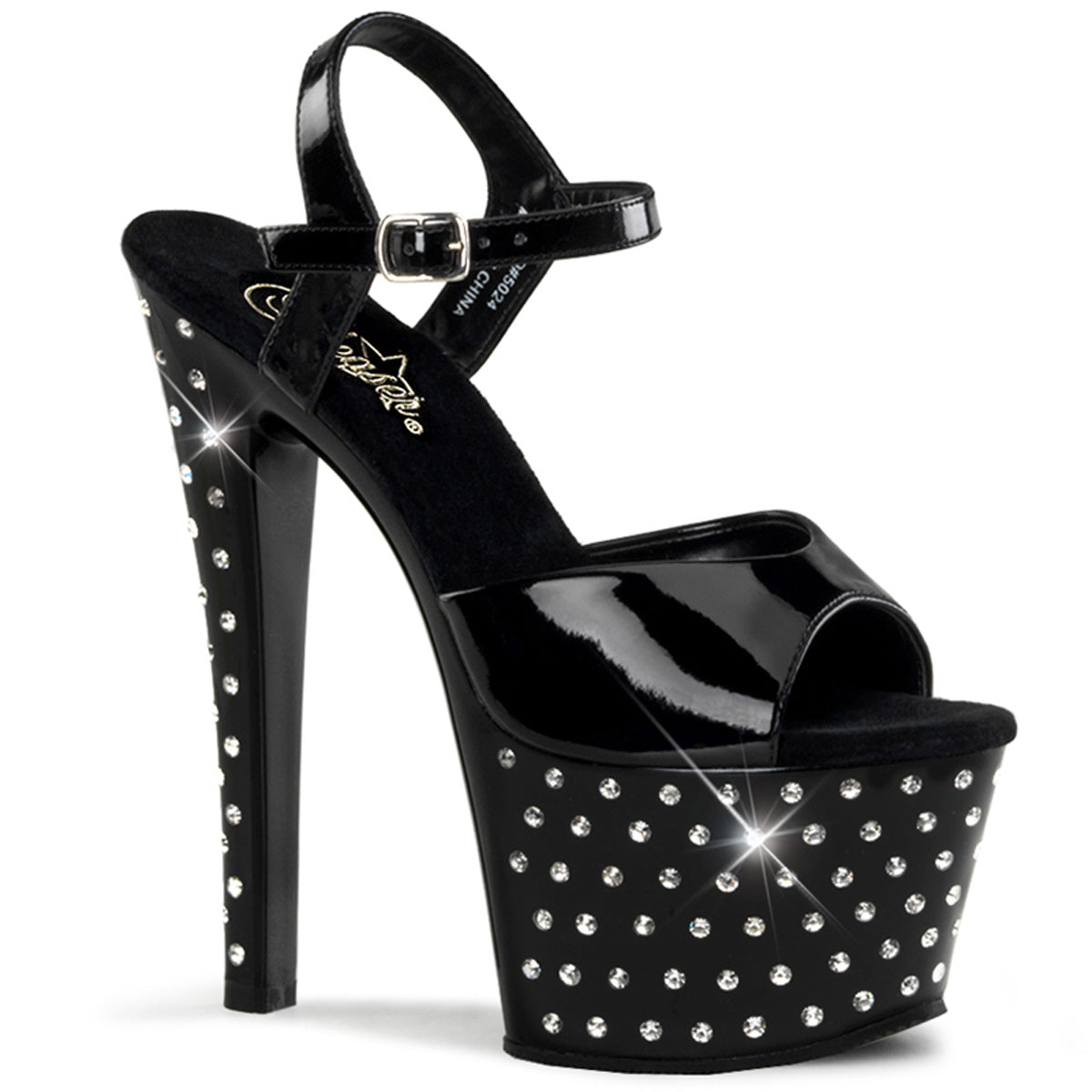 7" Heel, 2 3/4" PF Rhinestone Studded Ankle Strap Sandal (Pleaser STDUS709/B/M)