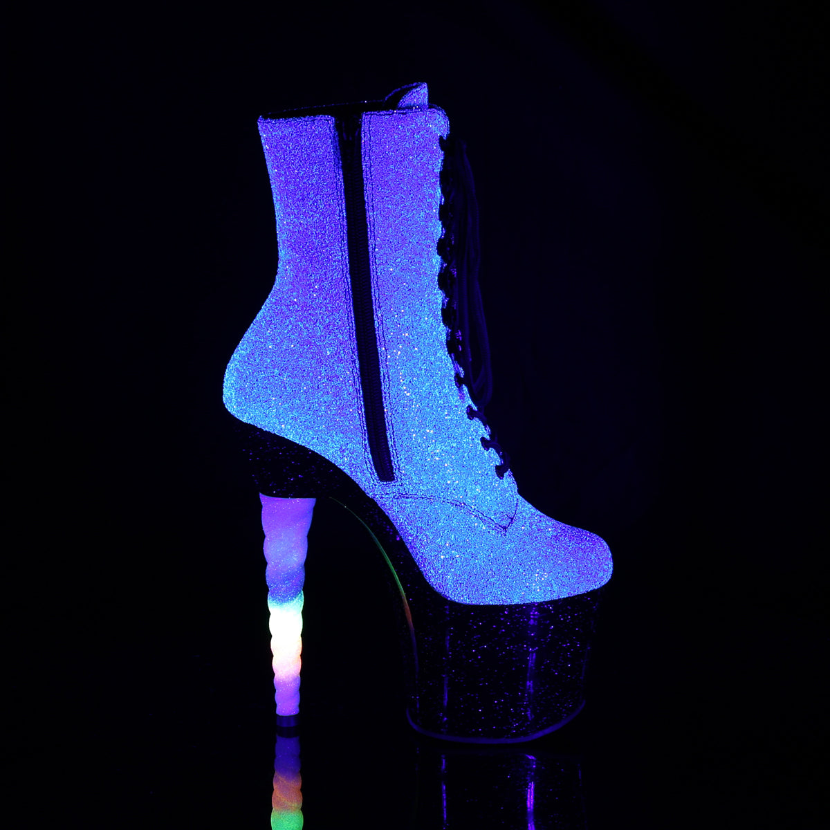 *7" Unicorn Heel, 3 1/4" PF Lace-up Ankle Boot, Side Zip (Pleaser UNI1020G/PP-BLUG/B)