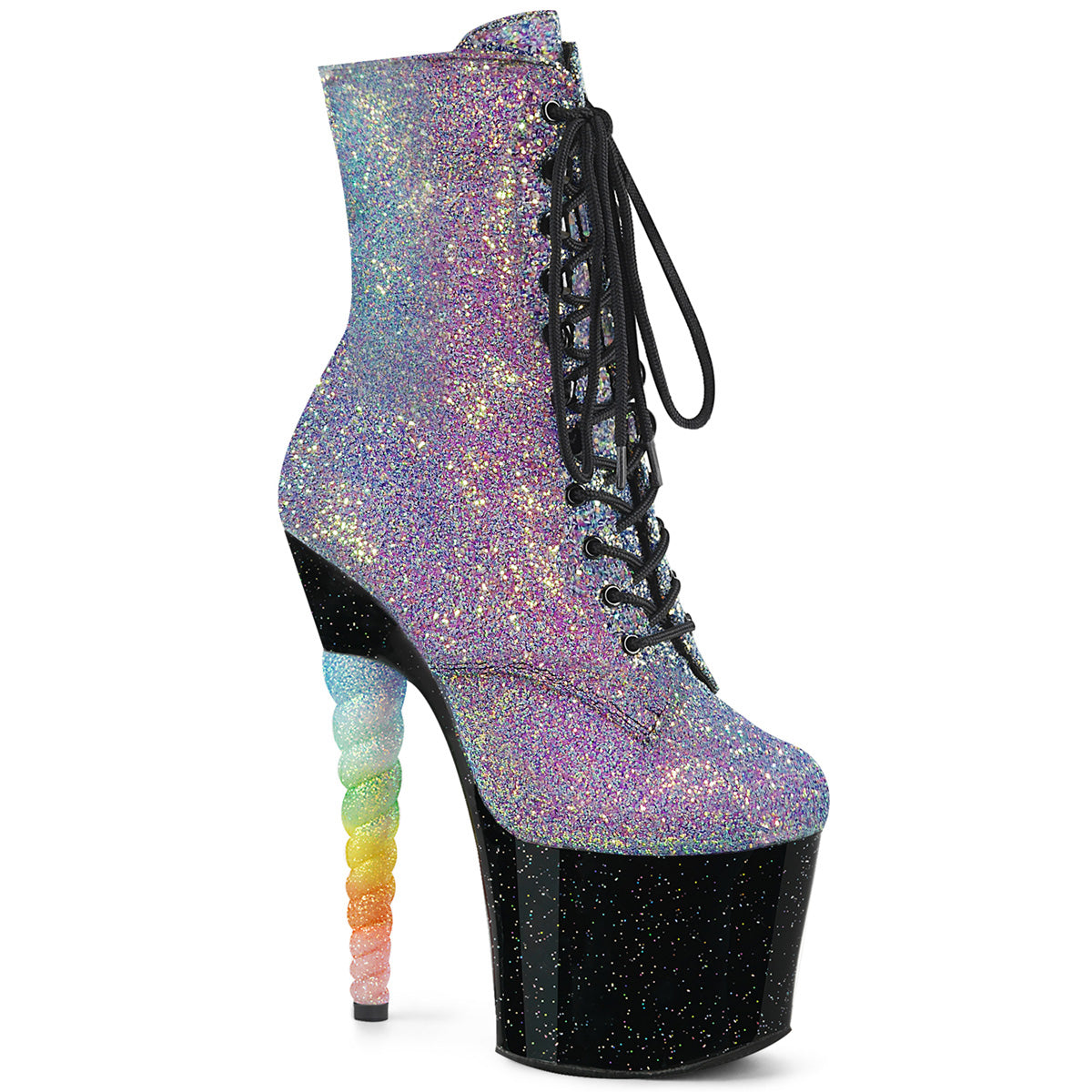 *7" Unicorn Heel, 3 1/4" PF Lace-up Ankle Boot, Side Zip (Pleaser UNI1020G/PP-BLUG/B)
