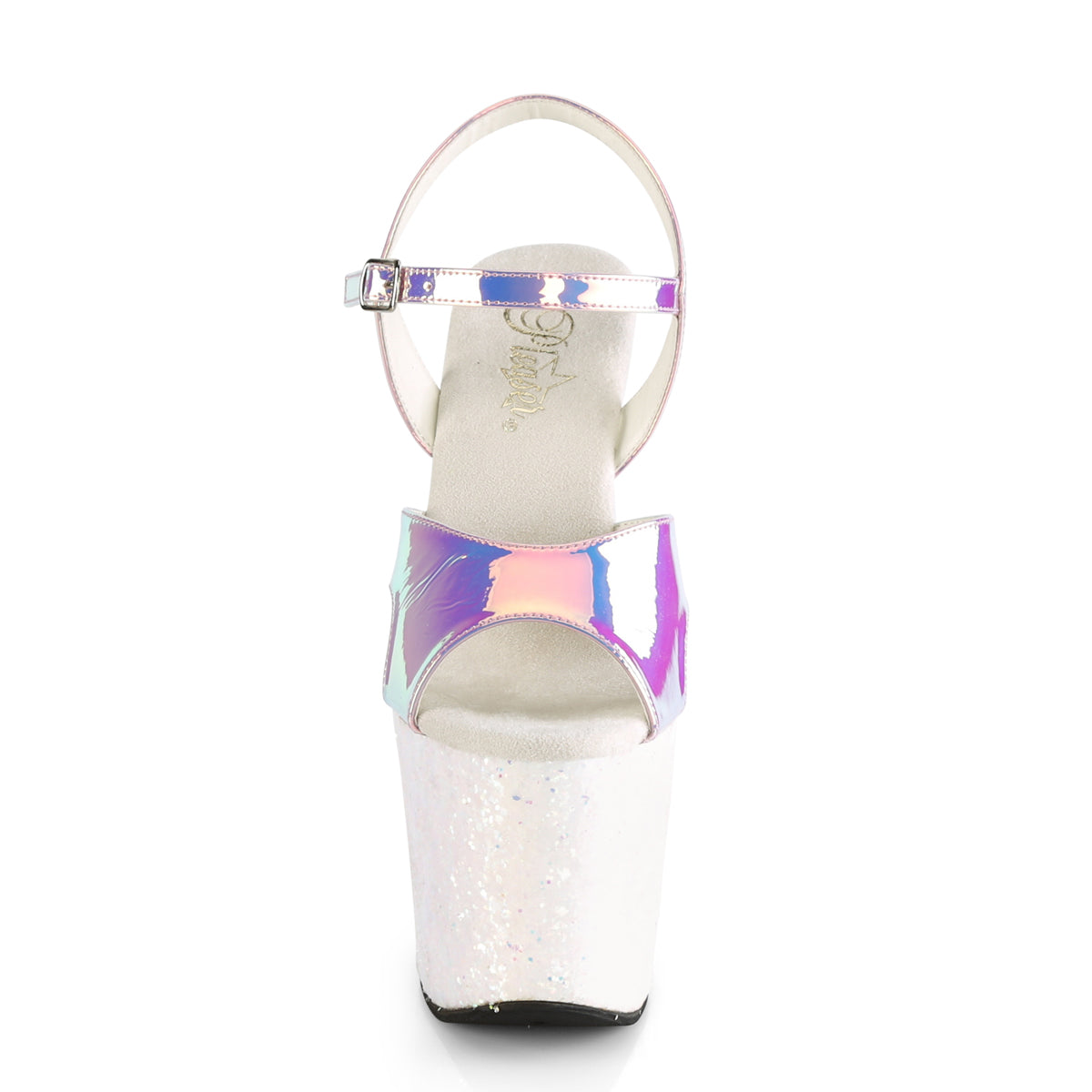 *7" Heel, 3 1/4" PF Ankle Strap Sandal w/ Unicorn Heel (Pleaser UNI711LG/PPTPU/OPG)