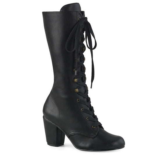 3" Block Heel Round Toe Lace-Up Mid-Calf Boot, Size Zip (Demonia VIK205/BVL)