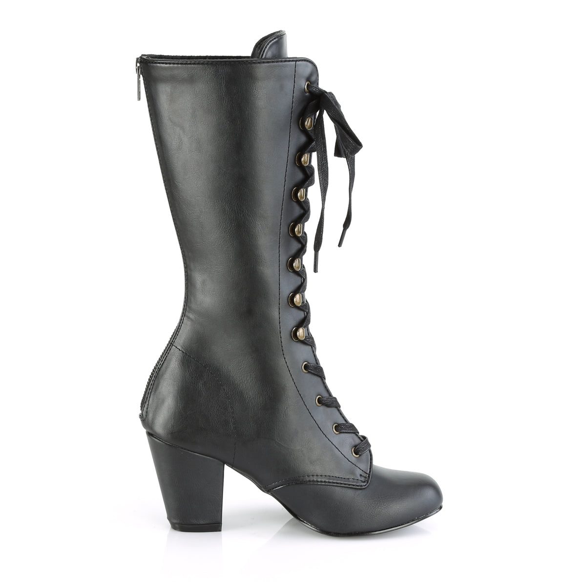 3" Block Heel Round Toe Lace-Up Mid-Calf Boot, Size Zip (Demonia VIK205/BVL)