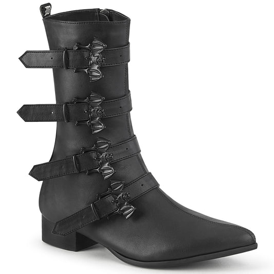 1 1/2" Block Heel Pointed Toe Mid-Calf Boot, Side Zip (Demonia WAR110-B/BVL)