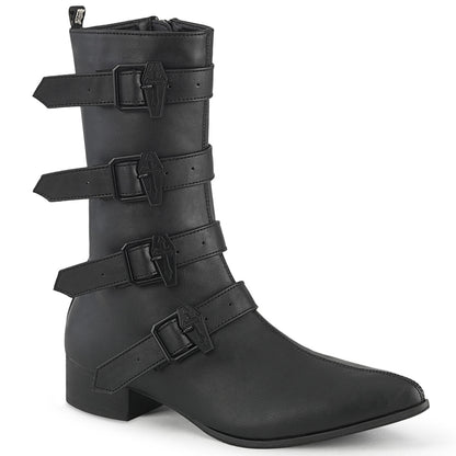 1 1/2" Block Heel Pointed Toe Mid-Calf Boot, Side Zip (Demonia WAR110-C/BVL)