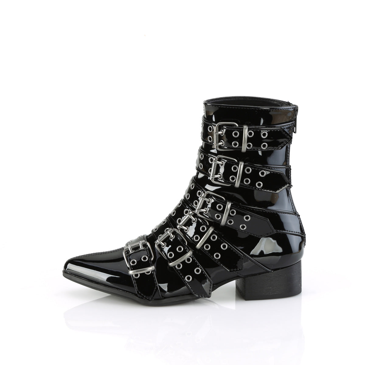 1 1/2" Block Heel Pointed Toe Calf High Boot, Back Zip (Demonia WAR70/B)