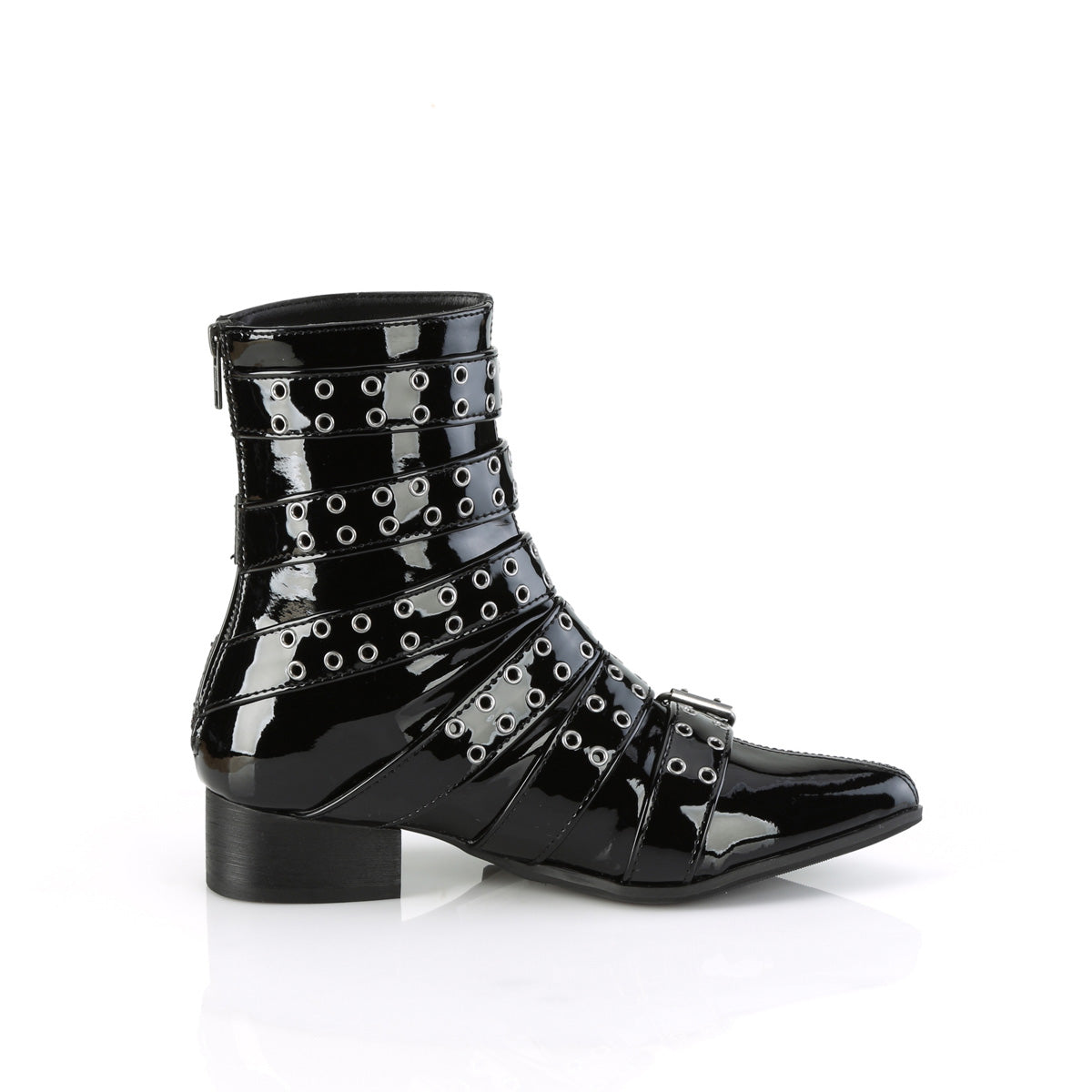 1 1/2" Block Heel Pointed Toe Calf High Boot, Back Zip (Demonia WAR70/B)