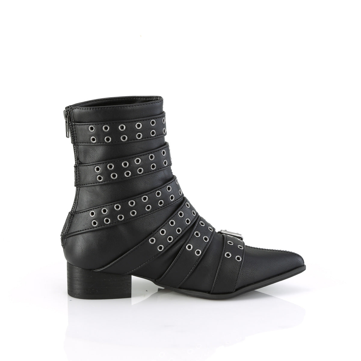 1 1/2" Block Heel Pointed Toe Calf High Boot, Back Zip (Demonia WAR70/B)