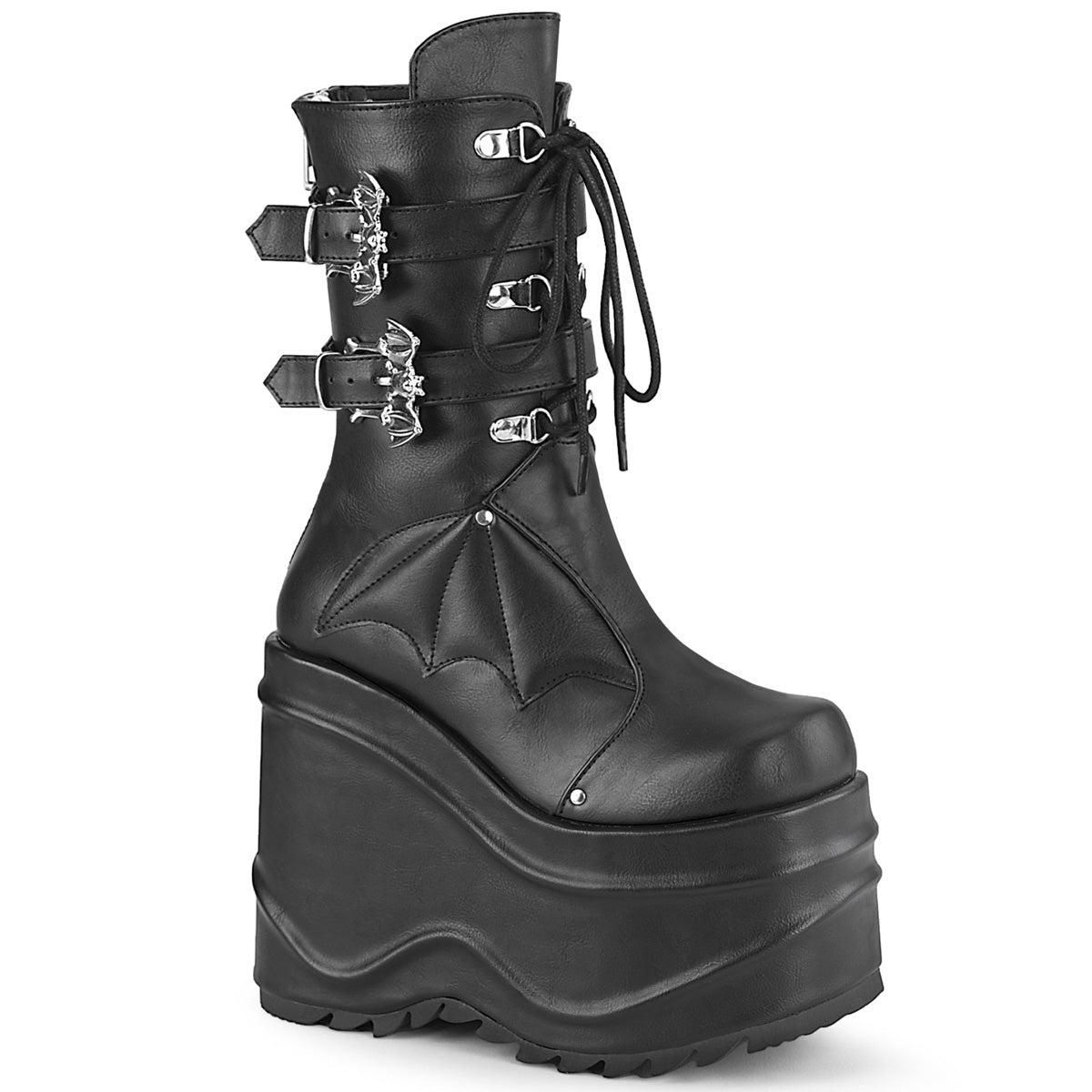 **6" Wedge PF Lace-Up Mid-Calf Boot, Back Metal Zip (Demonia WAVE150/B)