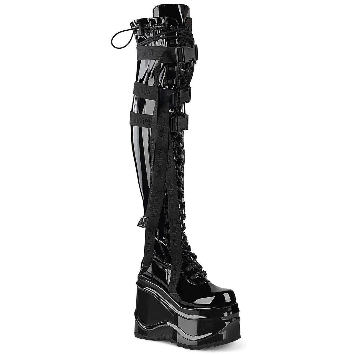 **6" Wedge PF Lace-Up Stretch Thigh Boot, Side Zip (Demonia WAVE315/BPT)