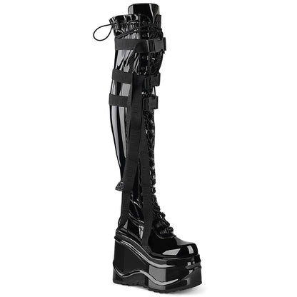 **6" Wedge PF Lace-Up Stretch Thigh Boot, Side Zip (Demonia WAVE315/BPT)