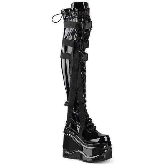 **6" Wedge PF Lace-Up Stretch Thigh Boot, Side Zip (Demonia WAVE315/BPT)