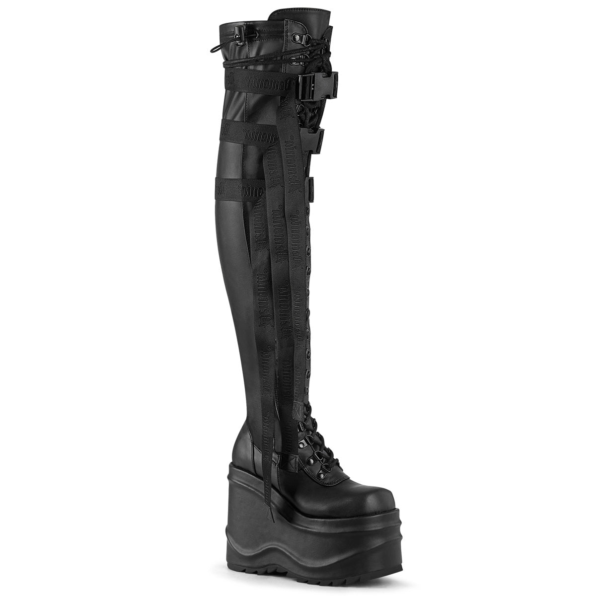 **6" Wedge PF Lace-Up Stretch Thigh Boot, Side Zip (Demonia WAVE315/BPT)