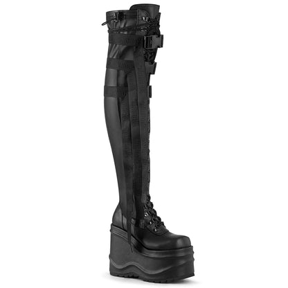 **6" Wedge PF Lace-Up Stretch Thigh Boot, Side Zip (Demonia WAVE315/BPT)