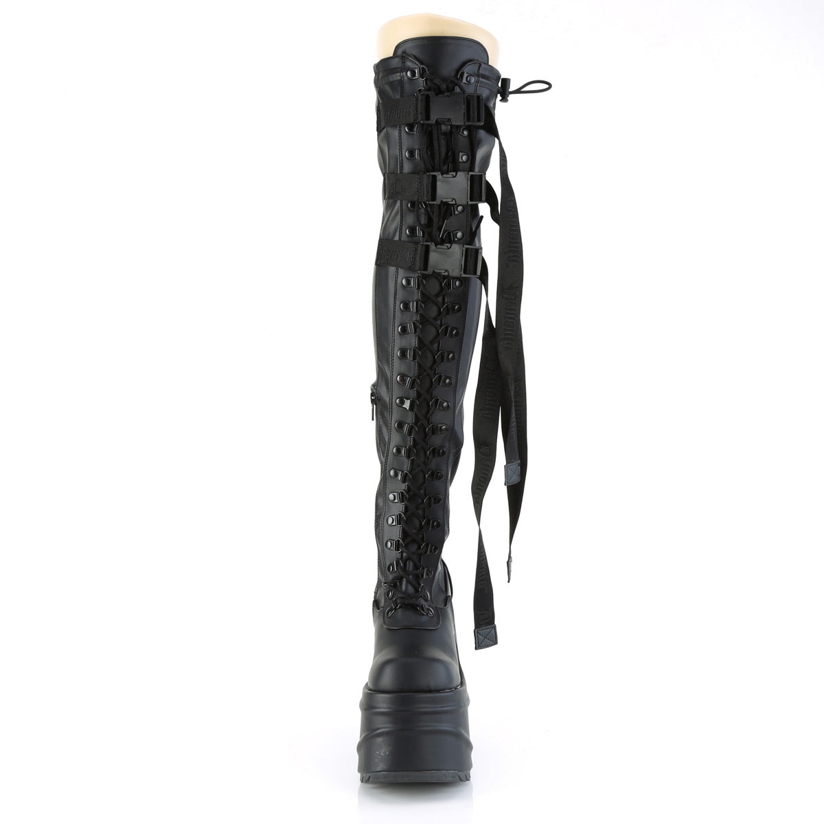 **6" Wedge PF Lace-Up Stretch Thigh Boot, Side Zip (Demonia WAVE315/BPT)