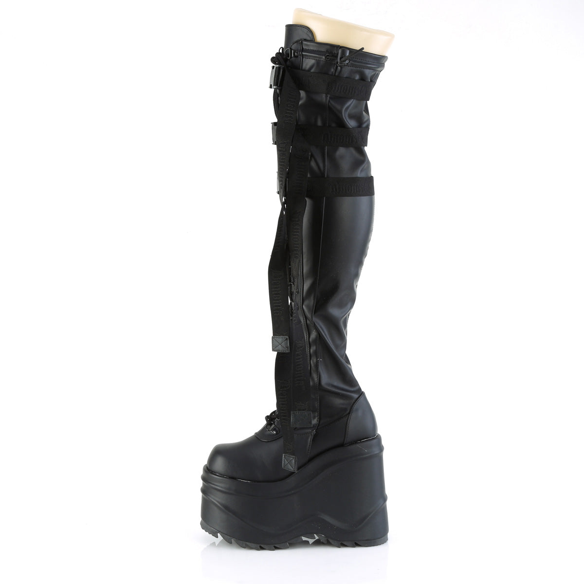 **6" Wedge PF Lace-Up Stretch Thigh Boot, Side Zip (Demonia WAVE315/BPT)