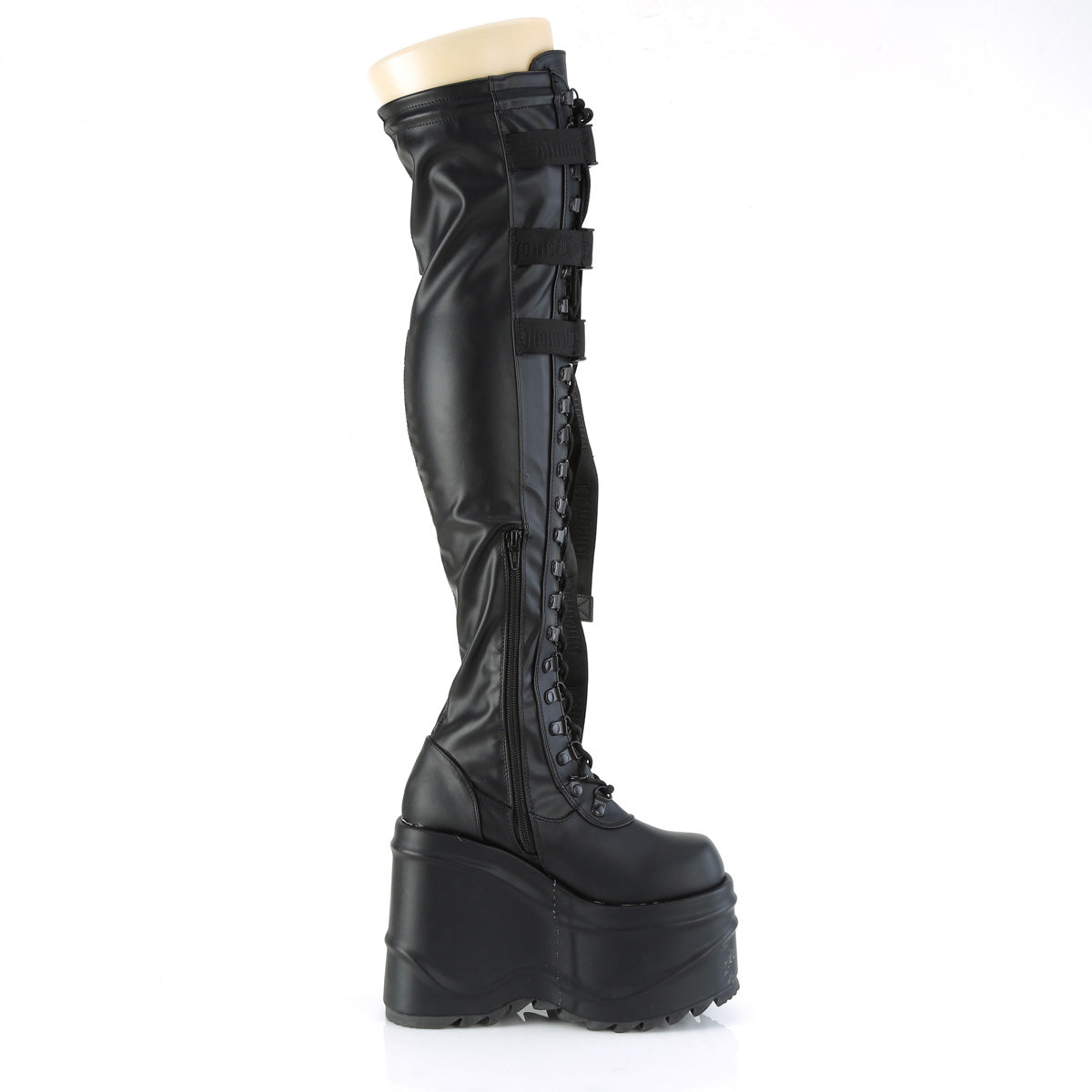 **6" Wedge PF Lace-Up Stretch Thigh Boot, Side Zip (Demonia WAVE315/BPT)