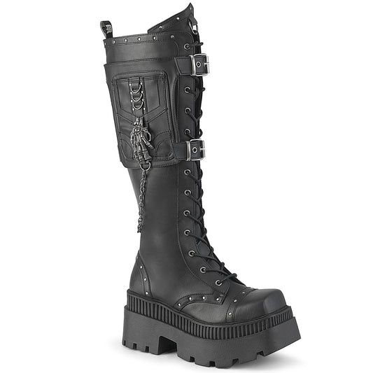 3 1/4" Chunky Heel, 2" Square-Toe PF Knee BT, Inside Zip (Demonia WRA205/BVL)