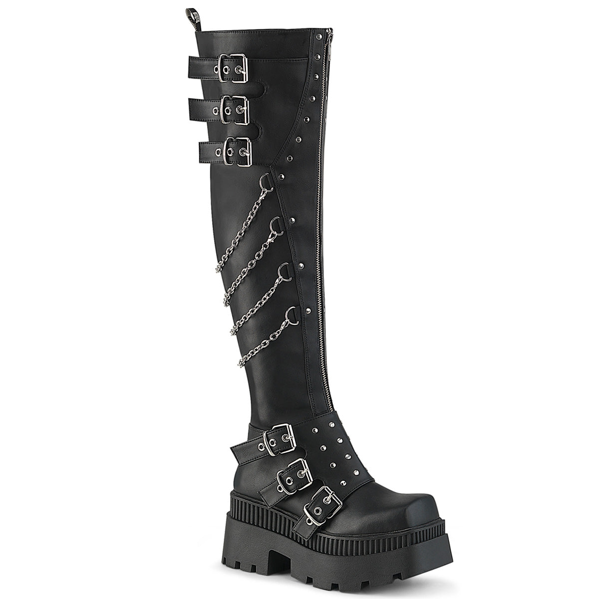 3 1/4" Chunky Heel, 2" Square-Toe PF Thigh Boot, Inside Zip (Demonia WRA310/BVL)
