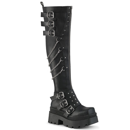 3 1/4" Chunky Heel, 2" Square-Toe PF Thigh Boot, Inside Zip (Demonia WRA310/BVL)
