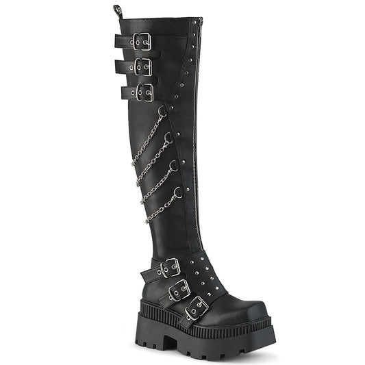 3 1/4" Chunky Heel, 2" Square-Toe PF Thigh Boot, Inside Zip (Demonia WRA310/BVL)