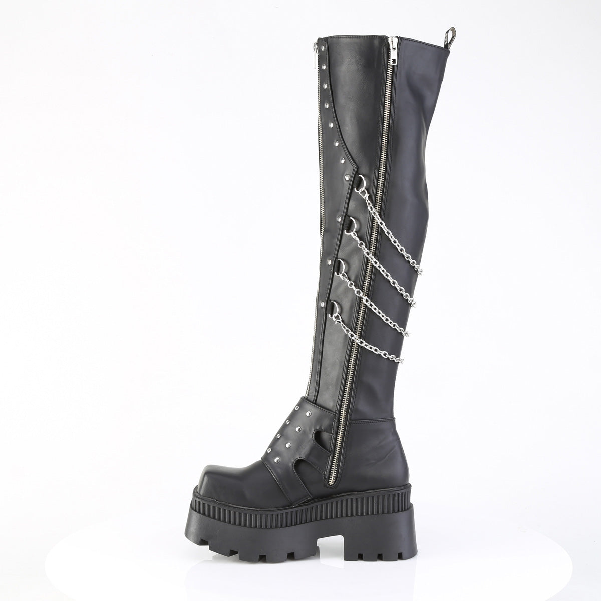 3 1/4" Chunky Heel, 2" Square-Toe PF Thigh Boot, Inside Zip (Demonia WRA310/BVL)