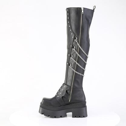3 1/4" Chunky Heel, 2" Square-Toe PF Thigh Boot, Inside Zip (Demonia WRA310/BVL)