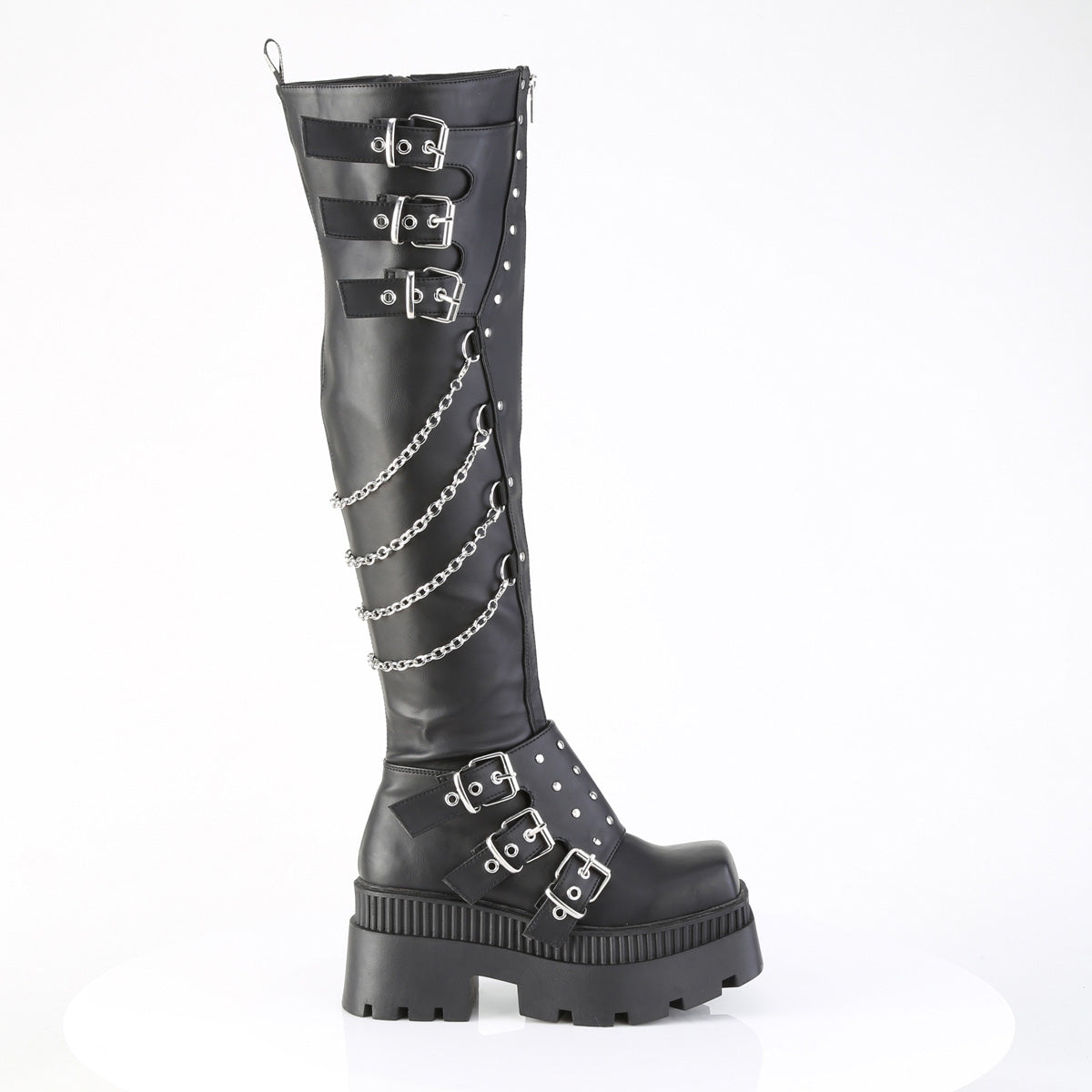 3 1/4" Chunky Heel, 2" Square-Toe PF Thigh Boot, Inside Zip (Demonia WRA310/BVL)