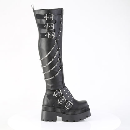 3 1/4" Chunky Heel, 2" Square-Toe PF Thigh Boot, Inside Zip (Demonia WRA310/BVL)