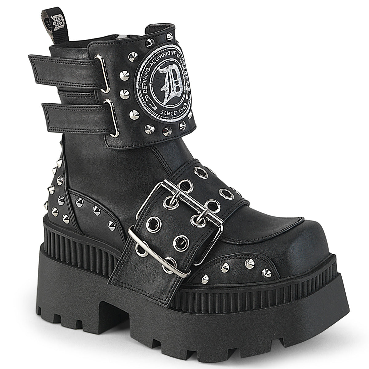 3 1/4" Chunky Heel, 2" Square-Toe PF Ankle Boot, Inside Zip (Demonia WRA58/BVL)